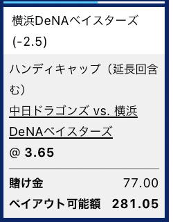 横浜DeNAベイスターズが3点差以上で勝利すると予想・ブックメーカー